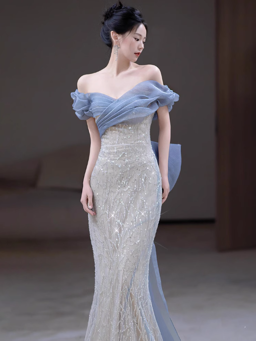 Mermaid Off Shoulder Tulle Sequin Long Prom Dress, Elegant Evening Gown ED01343