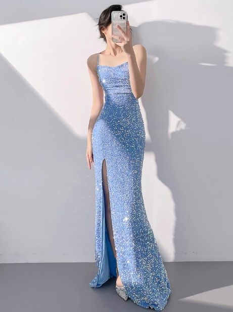 Blue Mermaid Sequin Spaghetti Strap Long Prom Dress, Formal Evening Dress ED01346