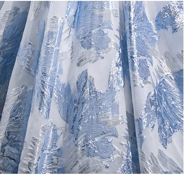 Blue A-line U-neck Floral Satin Long Prom dress, Elegant Formal Evening Gown