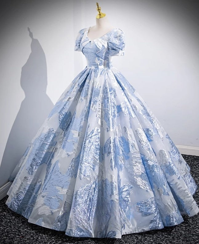 Blue A-line U-neck Floral Satin Long Prom dress, Elegant Formal Evening Gown