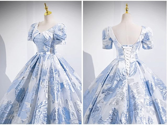Blue A-line U-neck Floral Satin Long Prom dress, Elegant Formal Evening Gown