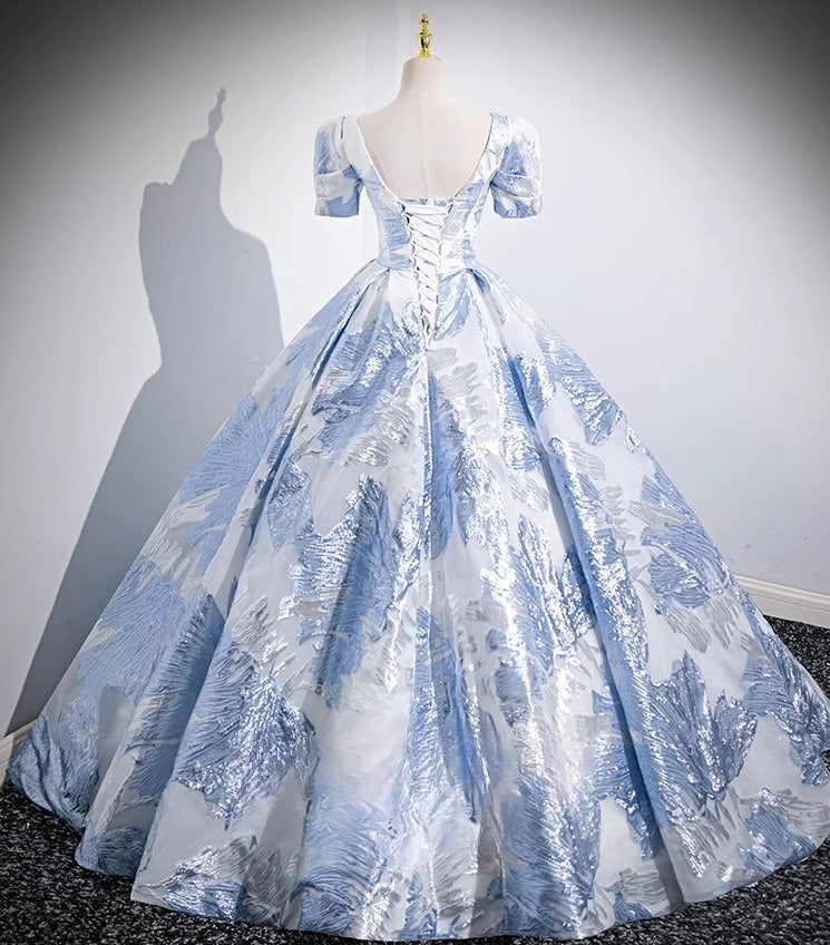 Blue A-line U-neck Floral Satin Long Prom dress, Elegant Formal Evening Gown