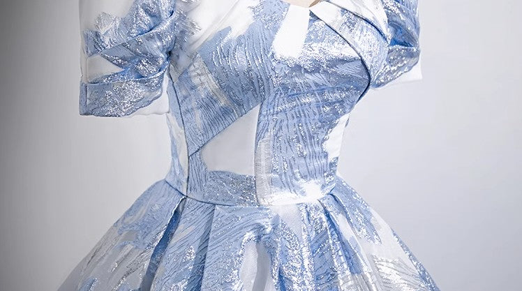 Blue A-line U-neck Floral Satin Long Prom dress, Elegant Formal Evening Gown