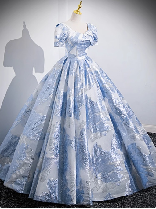 Blue A-line U-neck Floral Satin Long Prom dress, Elegant Formal Evening Gown