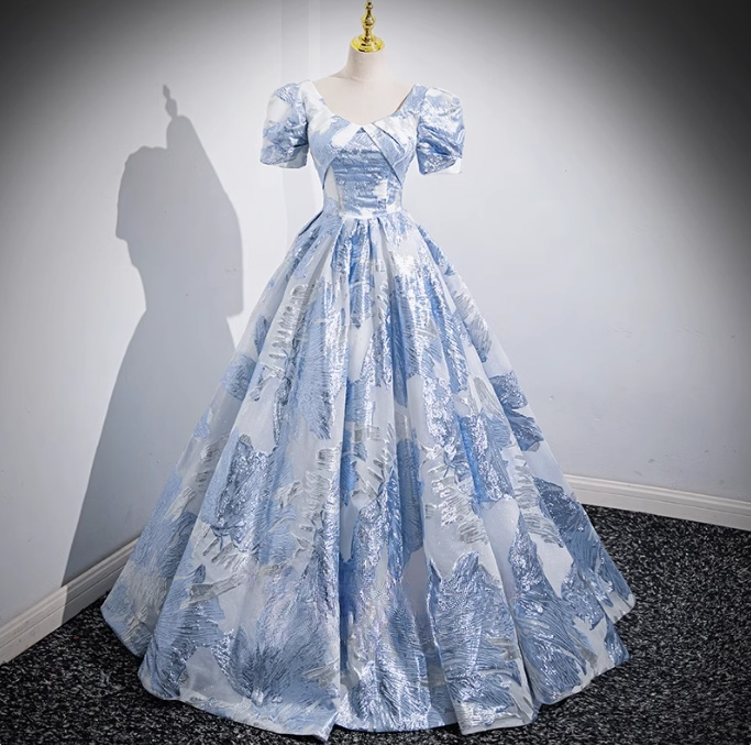 Blue A-line U-neck Floral Satin Long Prom dress, Elegant Formal Evening Gown