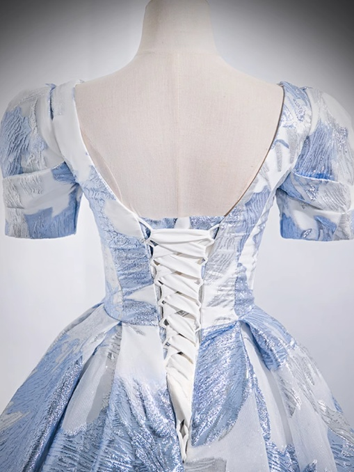 Blue A-line U-neck Floral Satin Long Prom dress, Elegant Formal Evening Gown