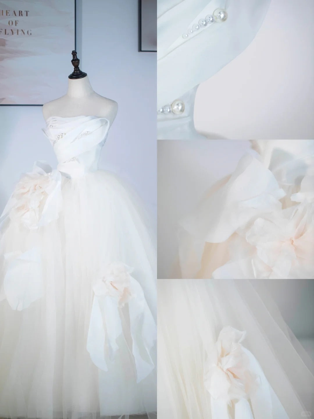 Helles Champagner A-Linien-Brautkleid aus trägerlosem Tüll, langes Brautkleid mit zarten Perlen ED01352