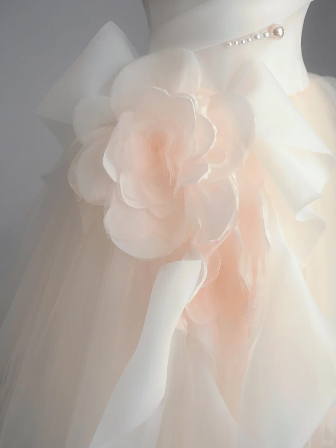 Helles Champagner A-Linien-Brautkleid aus trägerlosem Tüll, langes Brautkleid mit zarten Perlen ED01352