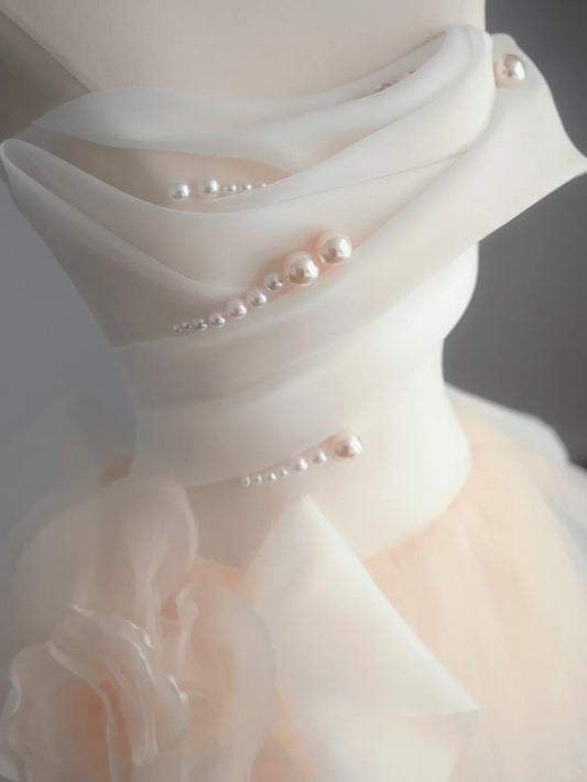 Light Champagne A-Line Strapless Tulle Wedding Dress,Gentle Beaded Long Bridal Dress ED01352