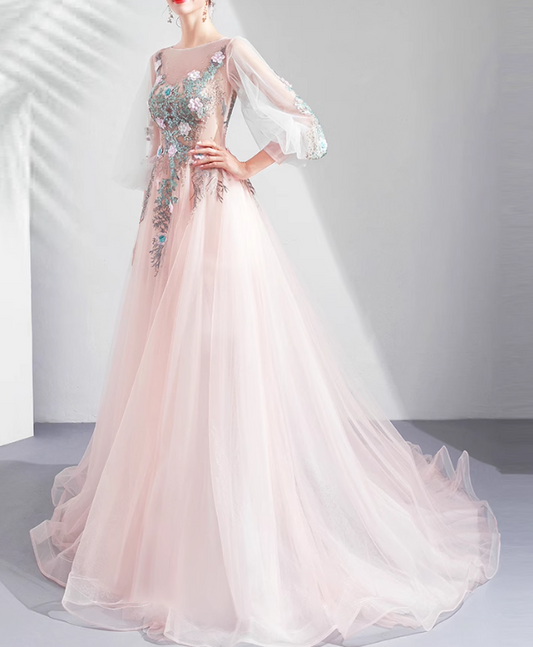 Light Pink A-line Long-Sleeved Tulle Embroidered Wedding Dress, Gentle Long Prom Dress ED01353