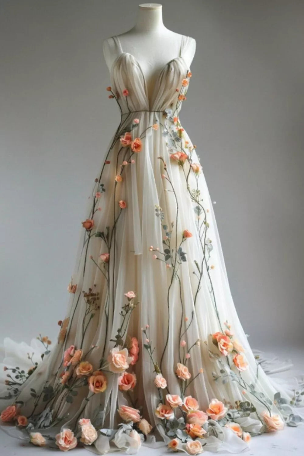 Deep V Neck Wedding Dresses 3D Flowers Appliques Tulle A-line Bridal G EvaFashionDress Deep V Neck Wedding Dresses 3D Flowers Appliques Tulle A-line Bridal G EvaFashionDress