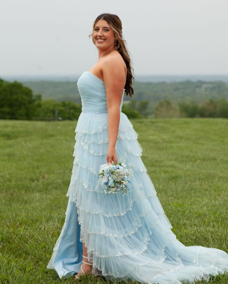 Light Blue Strapless Layered Tulle Prom Dress with Sequins ED01359