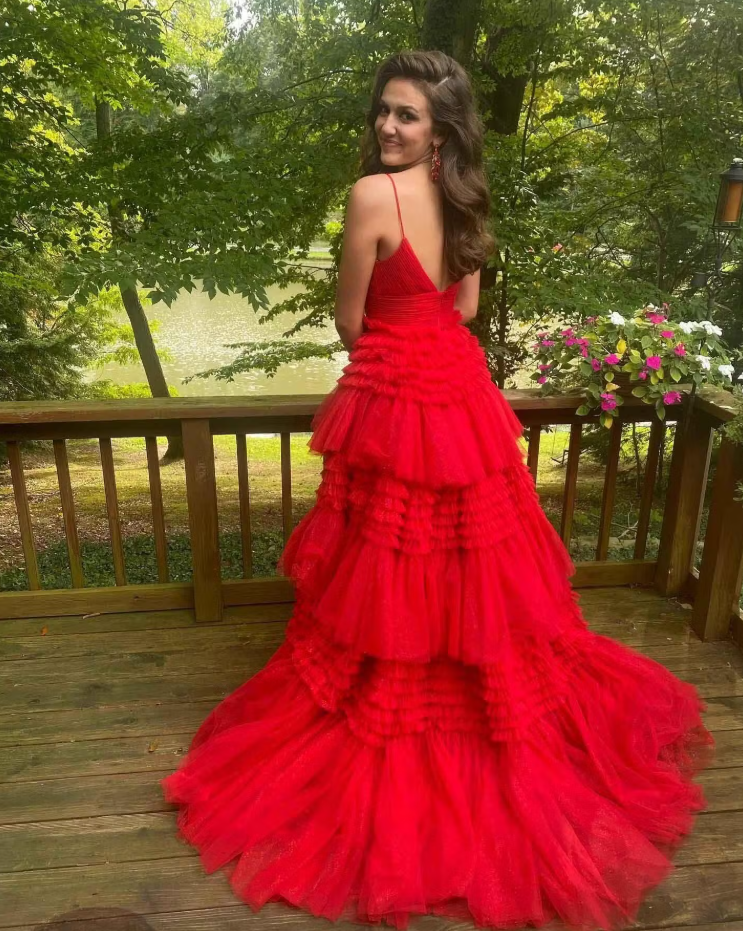 Red Tulle Deep V Neck Spaghetti Straps Long Prom Dress ED01360