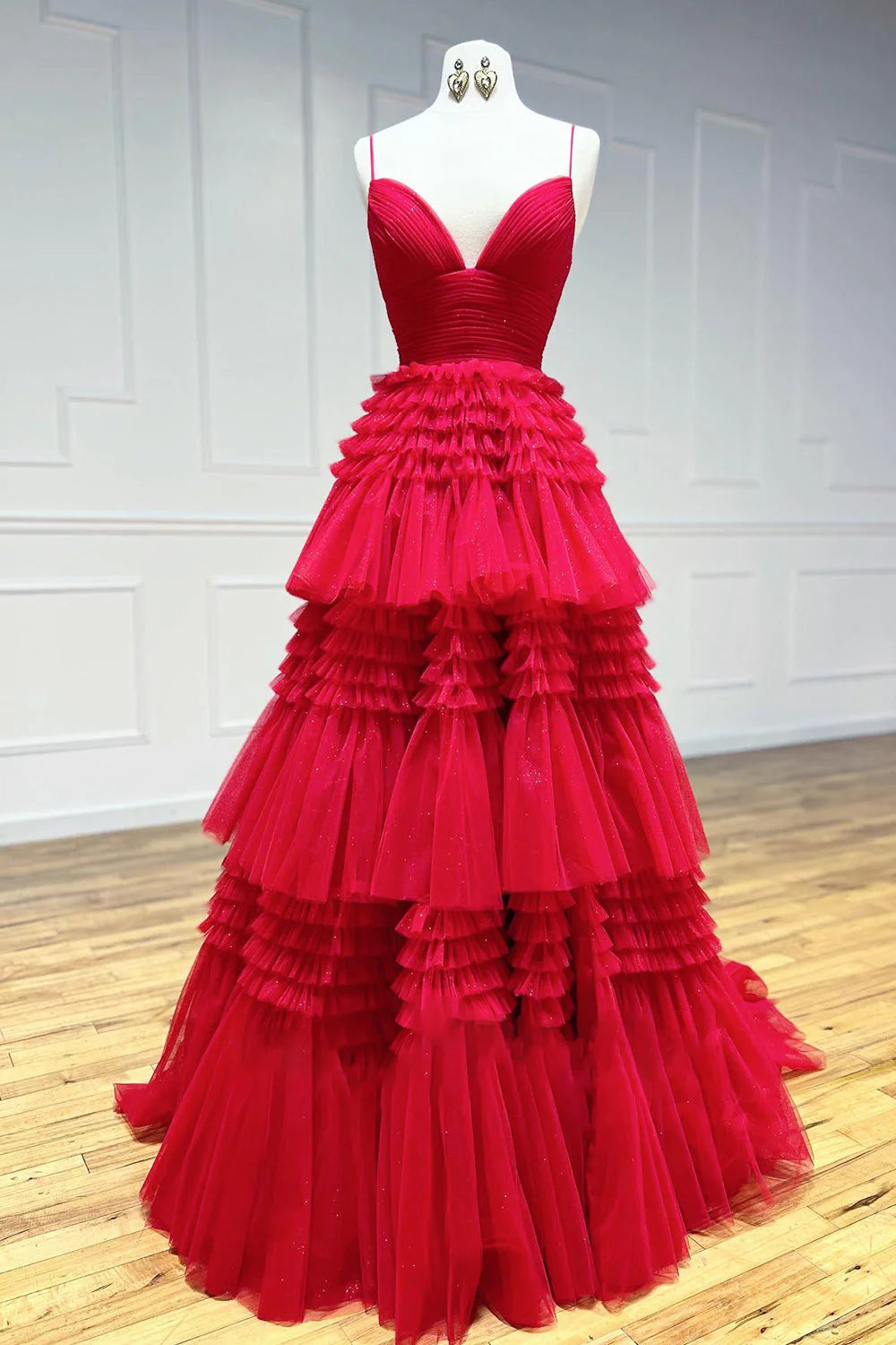 Red Tulle Deep V Neck Spaghetti Straps Long Prom Dress ED01360