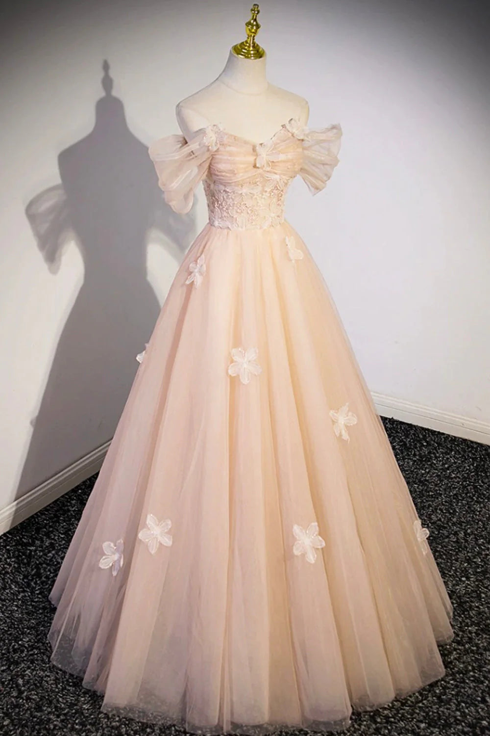 Robe de soirée longue en tulle à fleurs, robe de soirée champagne à épaules dénudées ED01365