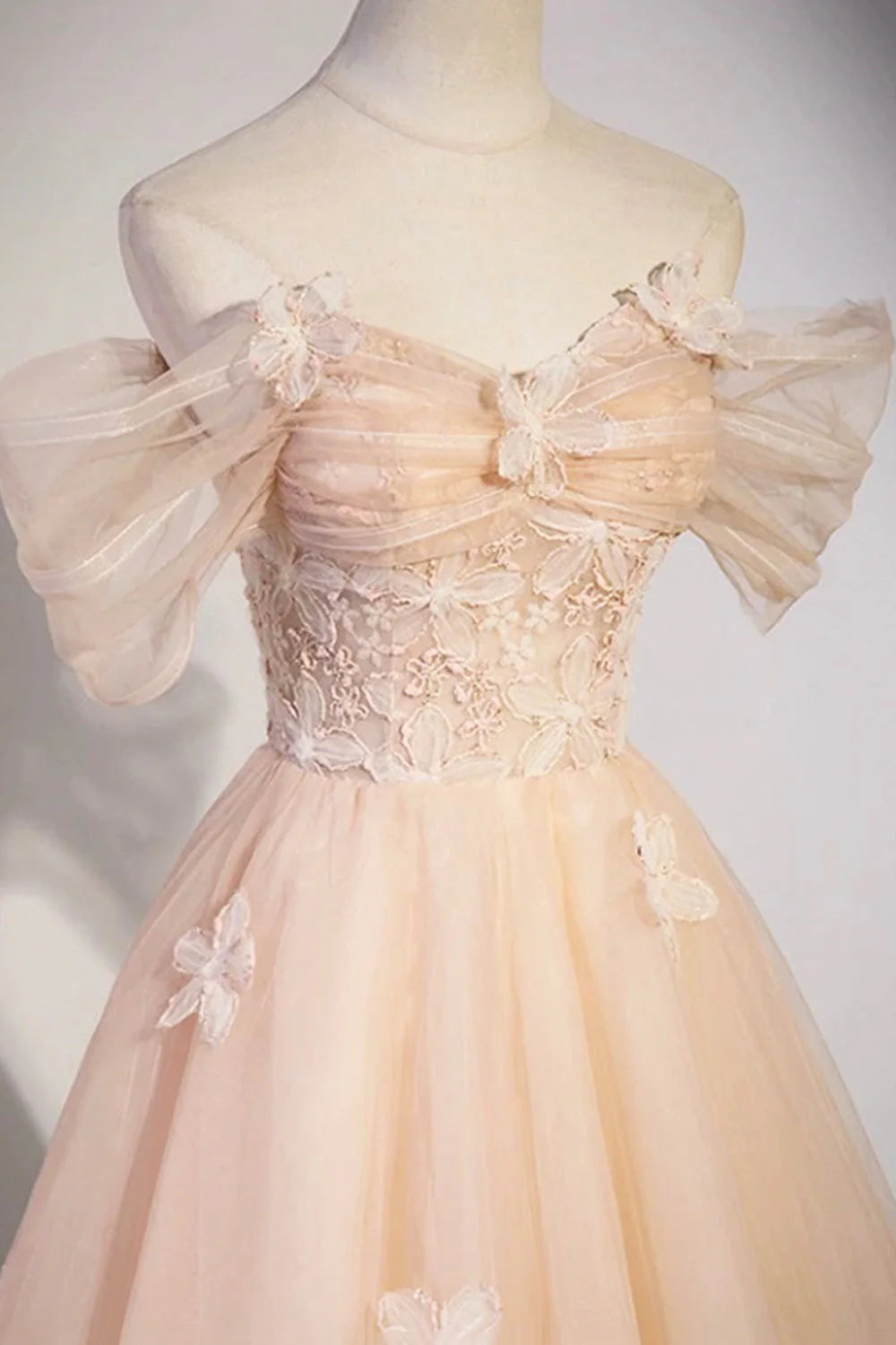 Robe de soirée longue en tulle à fleurs, robe de soirée champagne à épaules dénudées ED01365