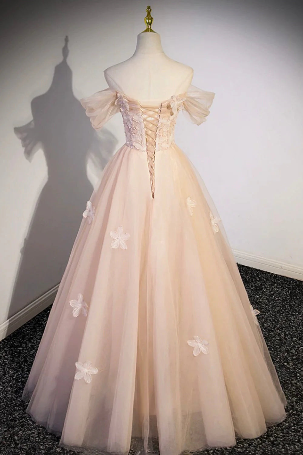 Robe de soirée longue en tulle à fleurs, robe de soirée champagne à épaules dénudées ED01365