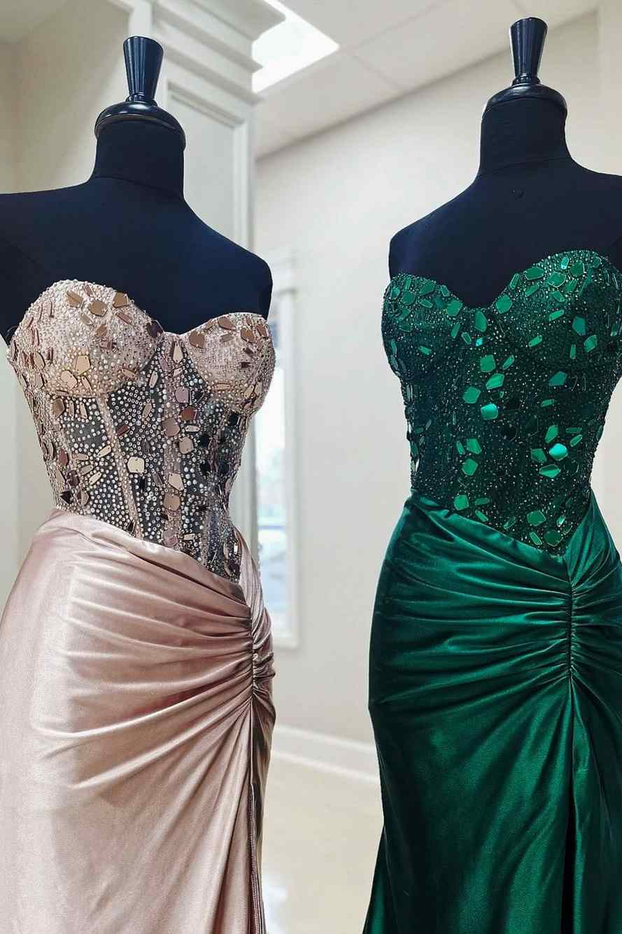 Robe de soirée longue style corset avec strass et miroir en verre et fente ED01369