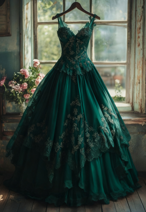 Robe de bal longue vintage trapèze en tulle et dentelle, décolleté en cœur, avec appliques florales, ED01378