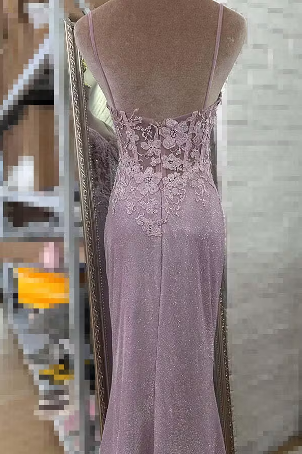 Robe de bal longue sirène à paillettes et bretelles spaghetti avec appliques et perles ED01379