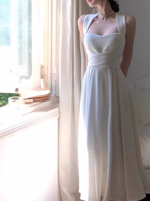 Robe de soirée élégante à bretelles blanches de style français, robe d'anniversaire blanche ED0137