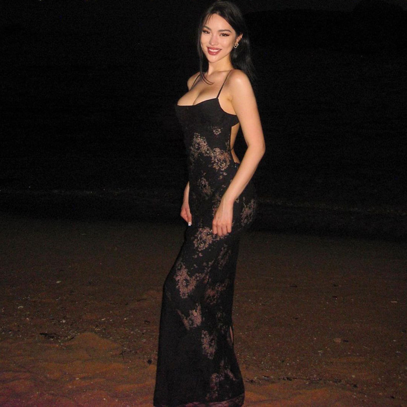 Black Mermaid Spaghetti Strap Long Prom Dress See-through Evening Dress With Slit ED01386