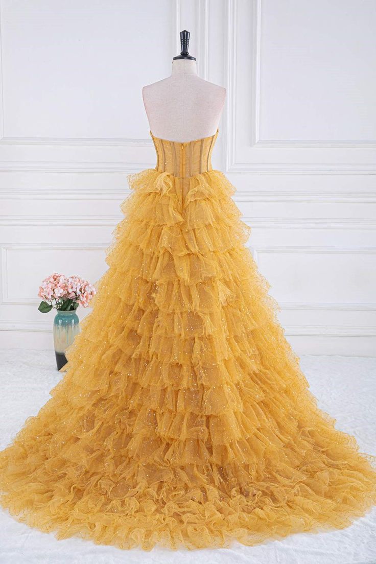 Robe de bal longue en tulle pailleté, coupe trapèze, sans bretelles, dorée, pour les 16 ans, ED01387