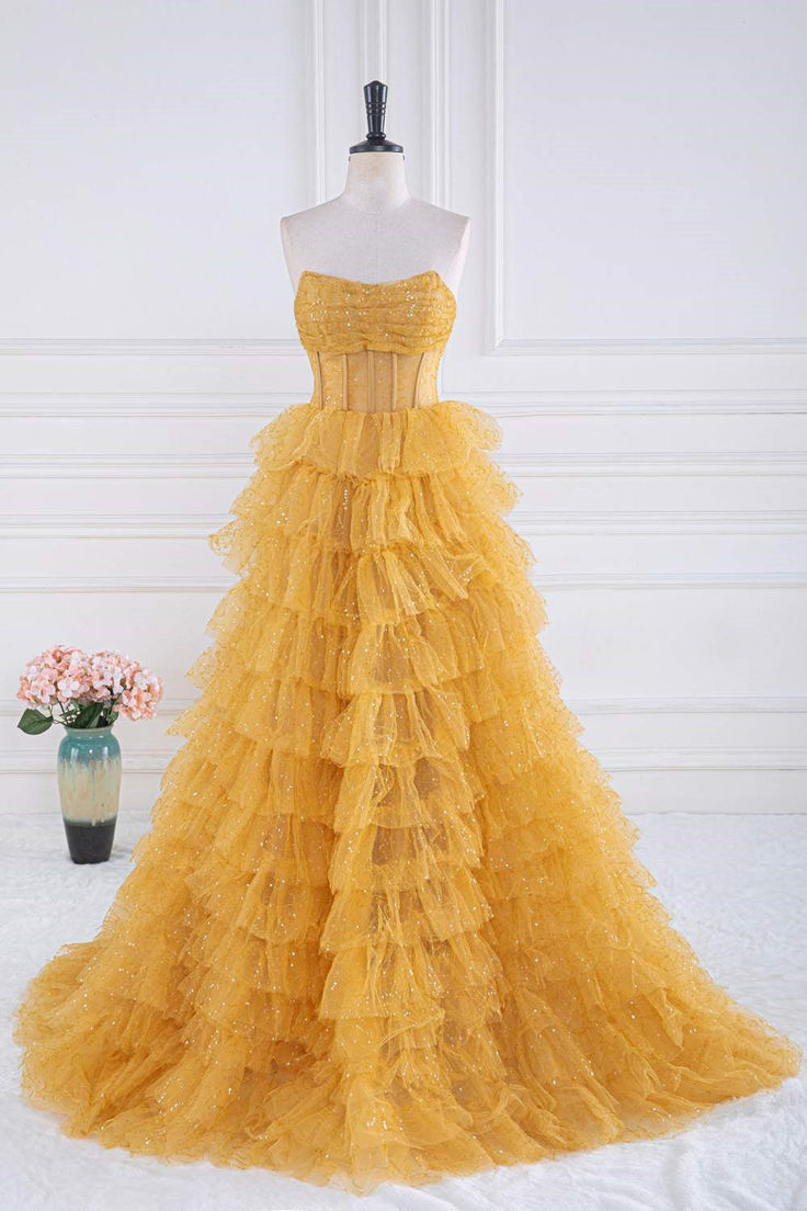 Robe de bal longue en tulle pailleté, coupe trapèze, sans bretelles, dorée, pour les 16 ans, ED01387