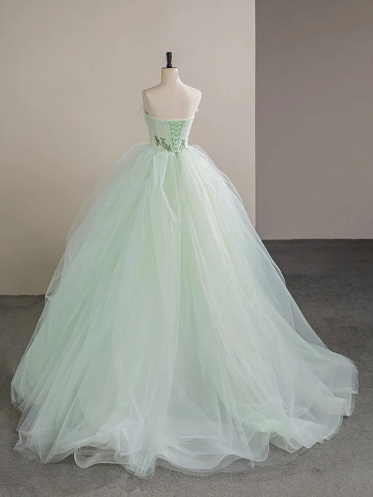 Robe de bal longue trapèze en tulle et dentelle, sans bretelles, robe de soirée longue verte en tulle ED01392
