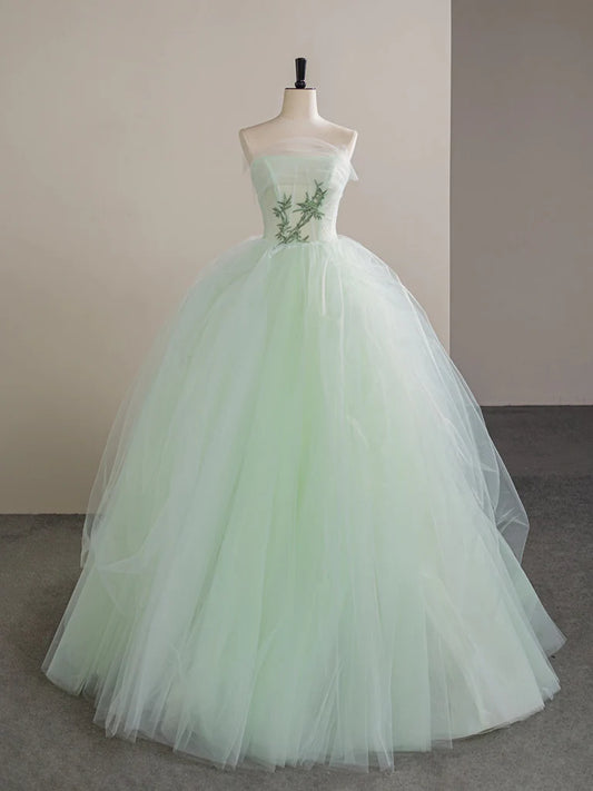 Robe de bal longue trapèze en tulle et dentelle, sans bretelles, robe de soirée longue verte en tulle ED01392