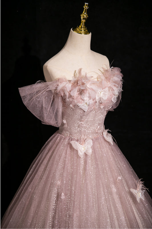 Robe de bal rose en tulle à paillettes et épaules dénudées, motif papillon et fleurs ED01396