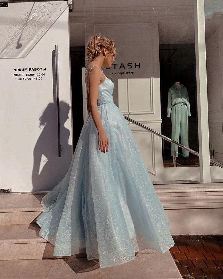 Sky blue A-line spaghetti strap tulle simple long prom dress ED01397