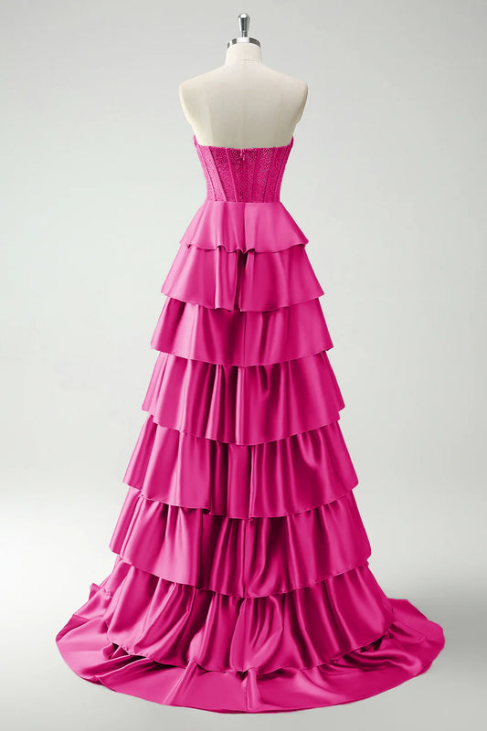Fuchsia A-line strapless sweetheart neck satin simple long prom dress ED01398
