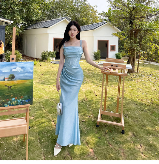 Blue Mermaid Spaghetti Strap Simple Long Prom Dress ED01399