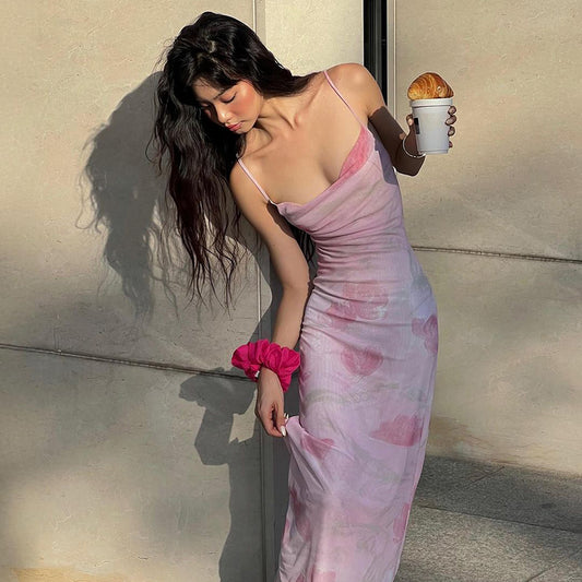 Robe à bretelles dos nu en maille à imprimé français ED01402