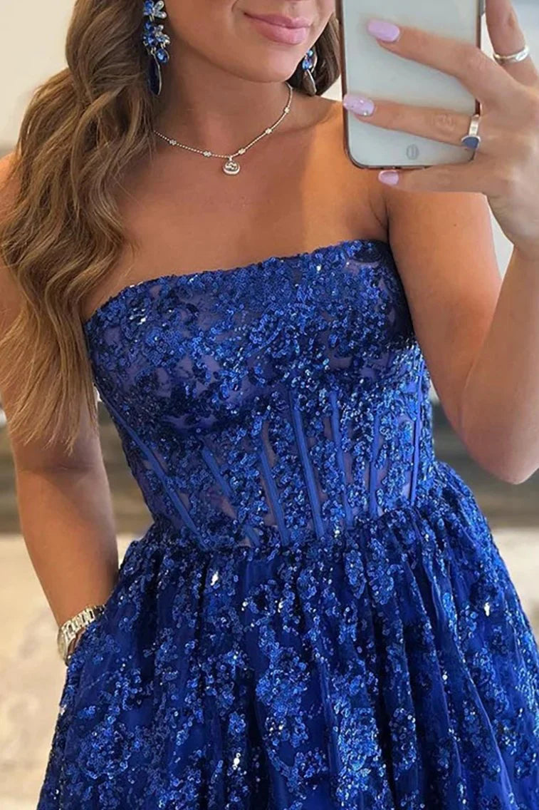 A-line Sequined Lace Strapless Long Prom Dress with Pocketss ED01405