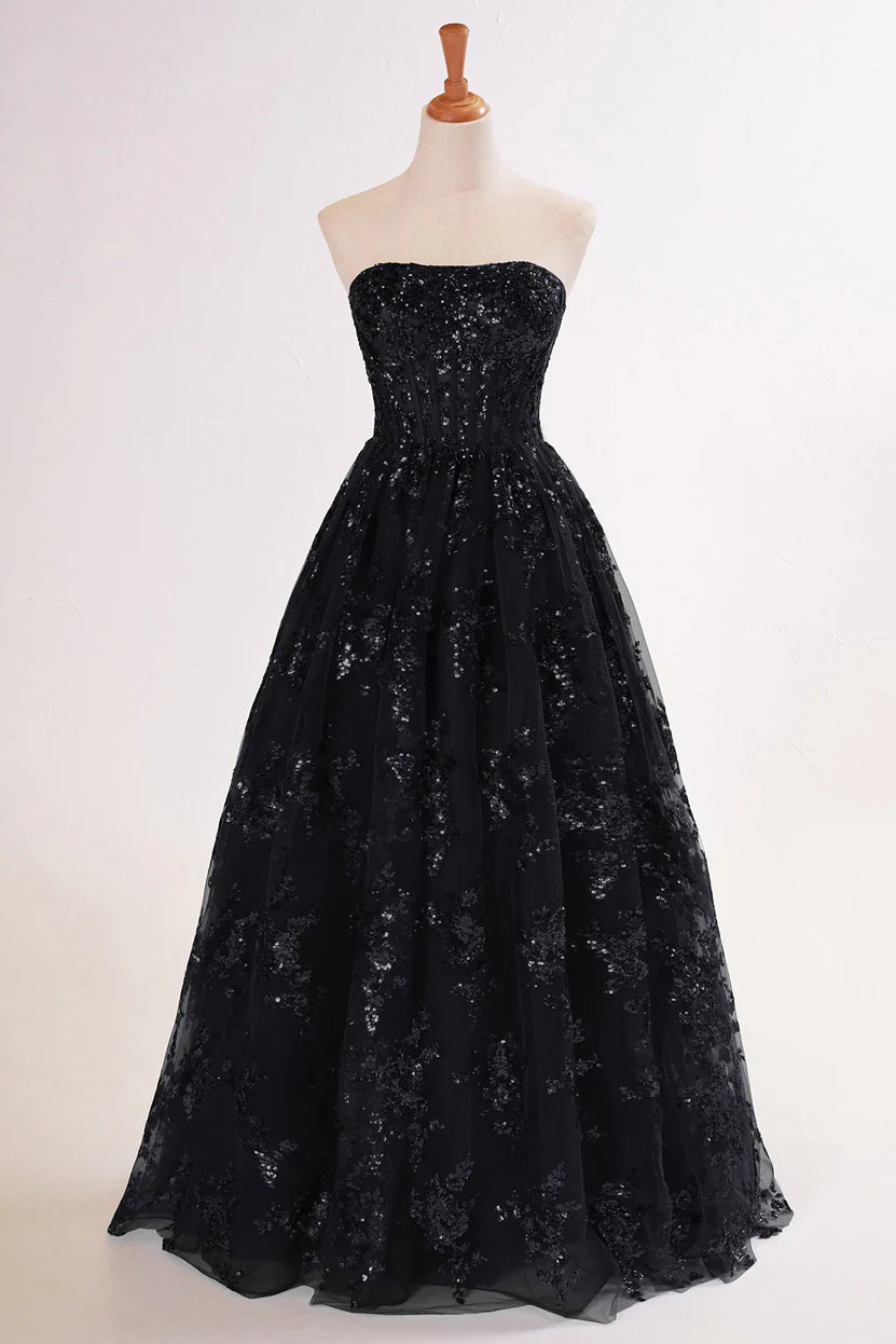 A-line Sequined Lace Strapless Long Prom Dress with Pocketss ED01405