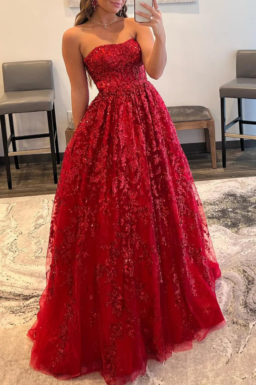 A-line Sequined Lace Strapless Long Prom Dress with Pocketss ED01405