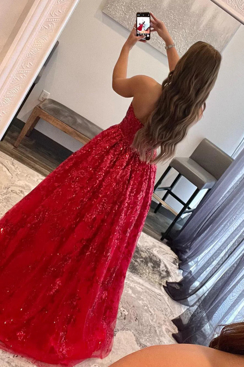 A-line Sequined Lace Strapless Long Prom Dress with Pocketss ED01405
