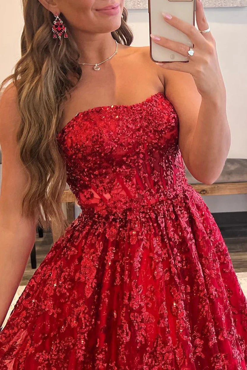 A-line Sequined Lace Strapless Long Prom Dress with Pocketss ED01405