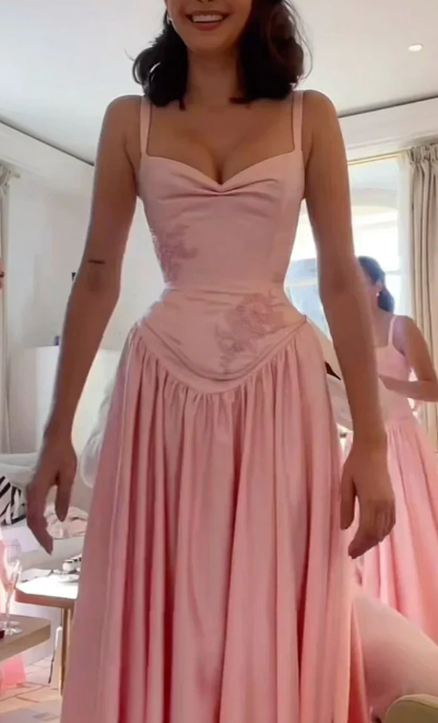 Elegant Spaghetti Straps A Line Prom Dress Satin Pink Long Bridesmaid Dresses ED01409