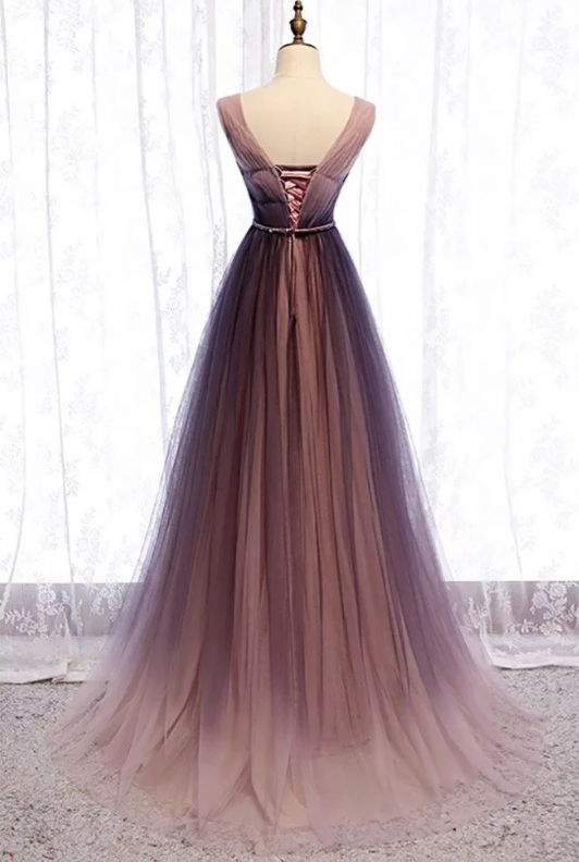 A-Line Deep V neck Pleated Purple Tulle Formal Prom Dress Flowing ED01412