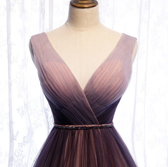 A-Line Deep V neck Pleated Purple Tulle Formal Prom Dress Flowing ED01412