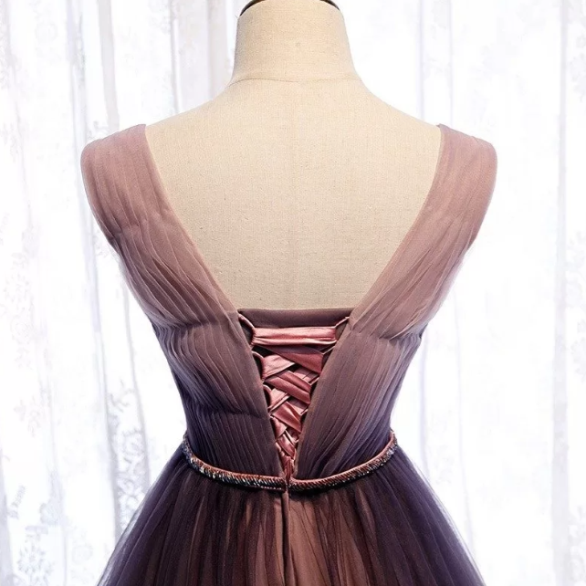 A-Line Deep V neck Pleated Purple Tulle Formal Prom Dress Flowing ED01412