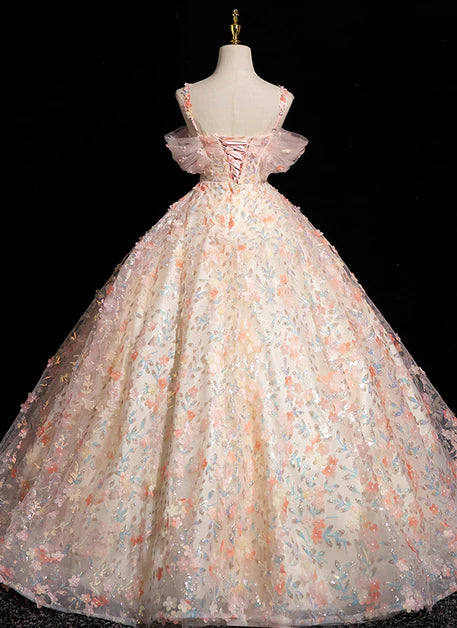 Robe de bal longue rose trapèze à bretelles spaghetti en dentelle et tulle, décolleté en cœur, épaules dénudées, robe Sweet 16 ED01414