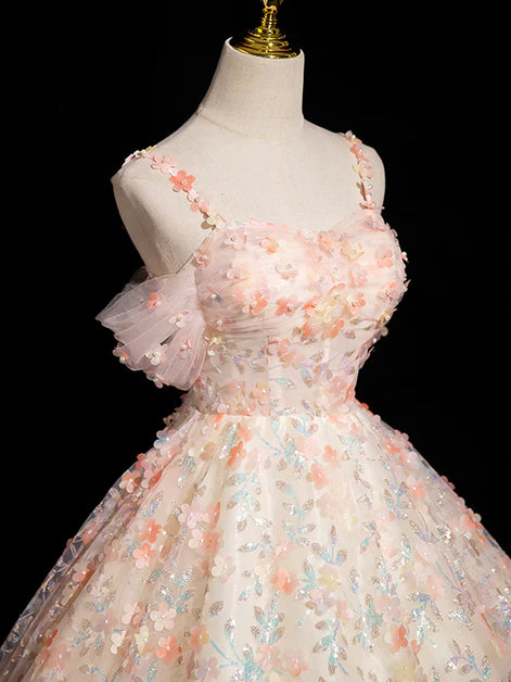 Robe de bal longue rose trapèze à bretelles spaghetti en dentelle et tulle, décolleté en cœur, épaules dénudées, robe Sweet 16 ED01414