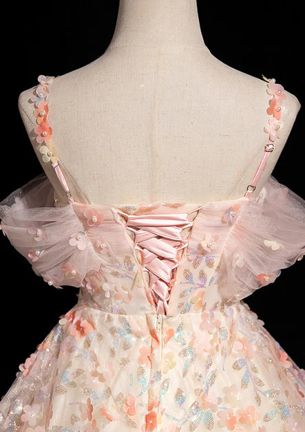 Robe de bal longue rose trapèze à bretelles spaghetti en dentelle et tulle, décolleté en cœur, épaules dénudées, robe Sweet 16 ED01414