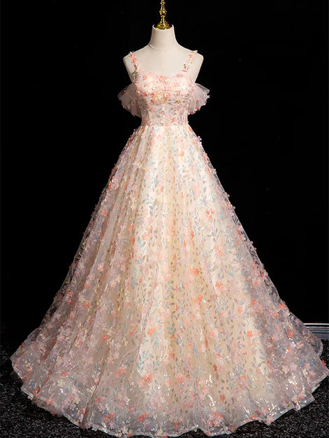 Robe de bal longue rose trapèze à bretelles spaghetti en dentelle et tulle, décolleté en cœur, épaules dénudées, robe Sweet 16 ED01414
