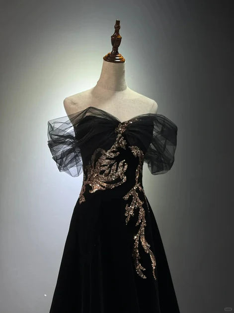 Black A-line Off Shoulder Tulle Velvet Long Prom Dress,Sequin Formal Evening Dress ED01420