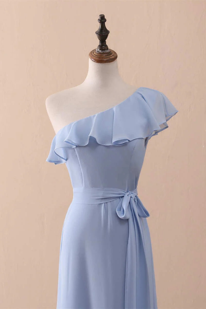 Periwinkle A-Line One-Shoulder Ruffled Chiffon Long Bridesmaid Dress Prom Dress ED01421